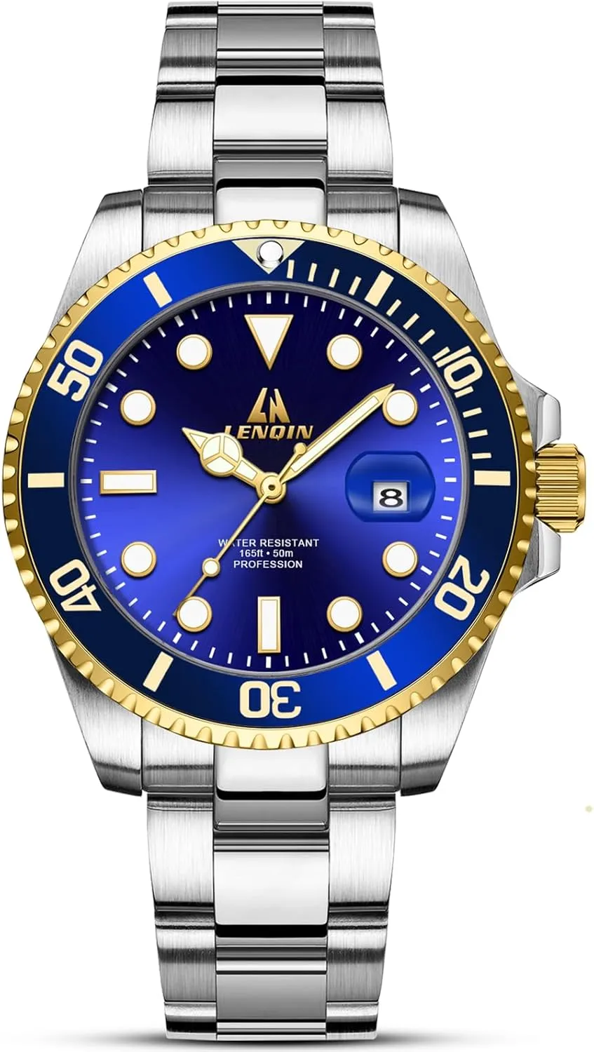 LN LENQIN Mens Watches Stainless Steel Waterproof Analog Quartz Watch for Men with Date Luminous Fashion Wristwatch