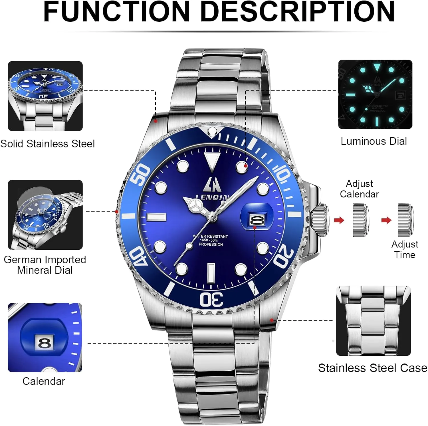 LN LENQIN Mens Watches Stainless Steel Waterproof Analog Quartz Watch for Men with Date Luminous Fashion Wristwatch