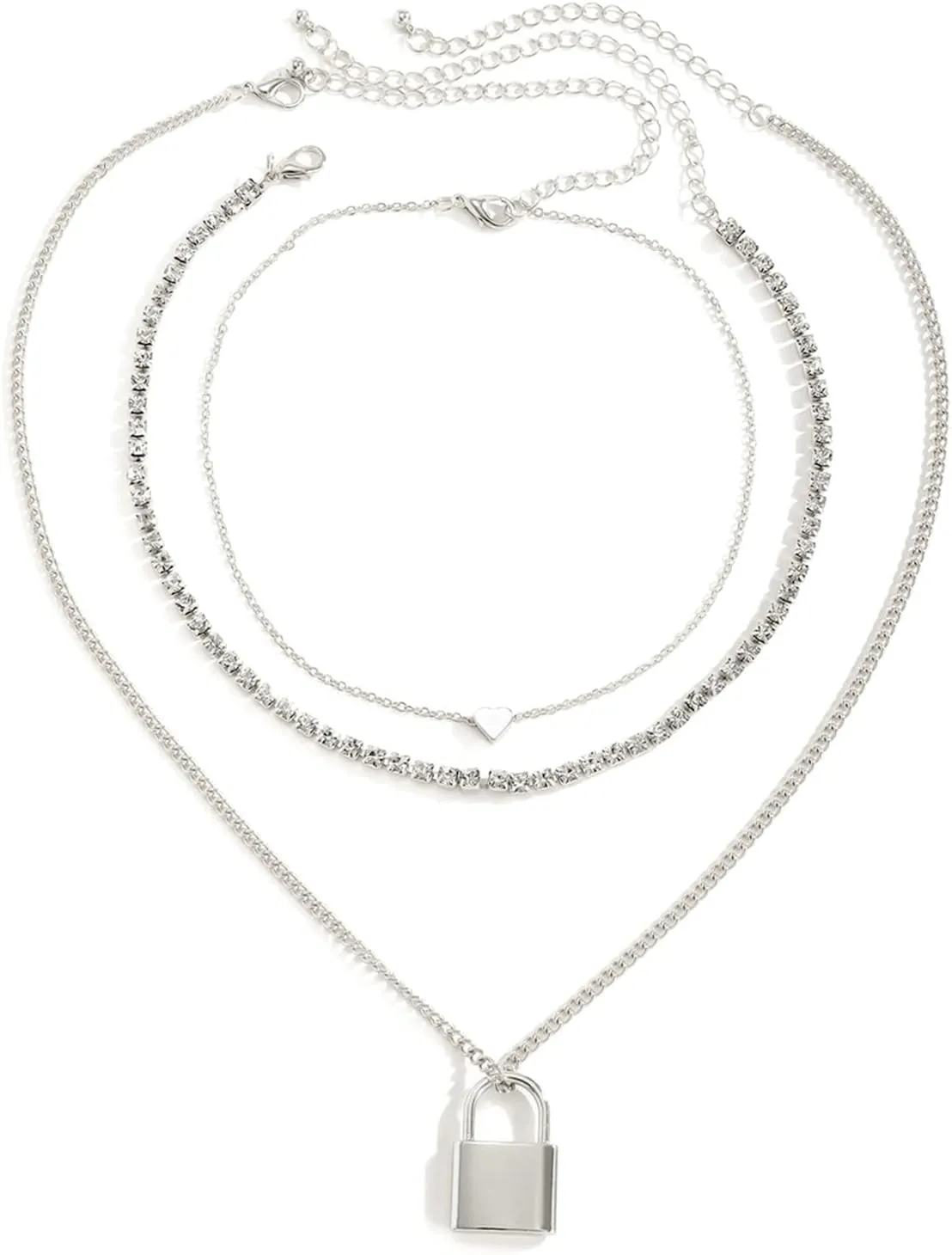 Lock Layer Necklace Women, CZ Tennis Chain 3 Layer Layered Necklace Sets for Women Silver