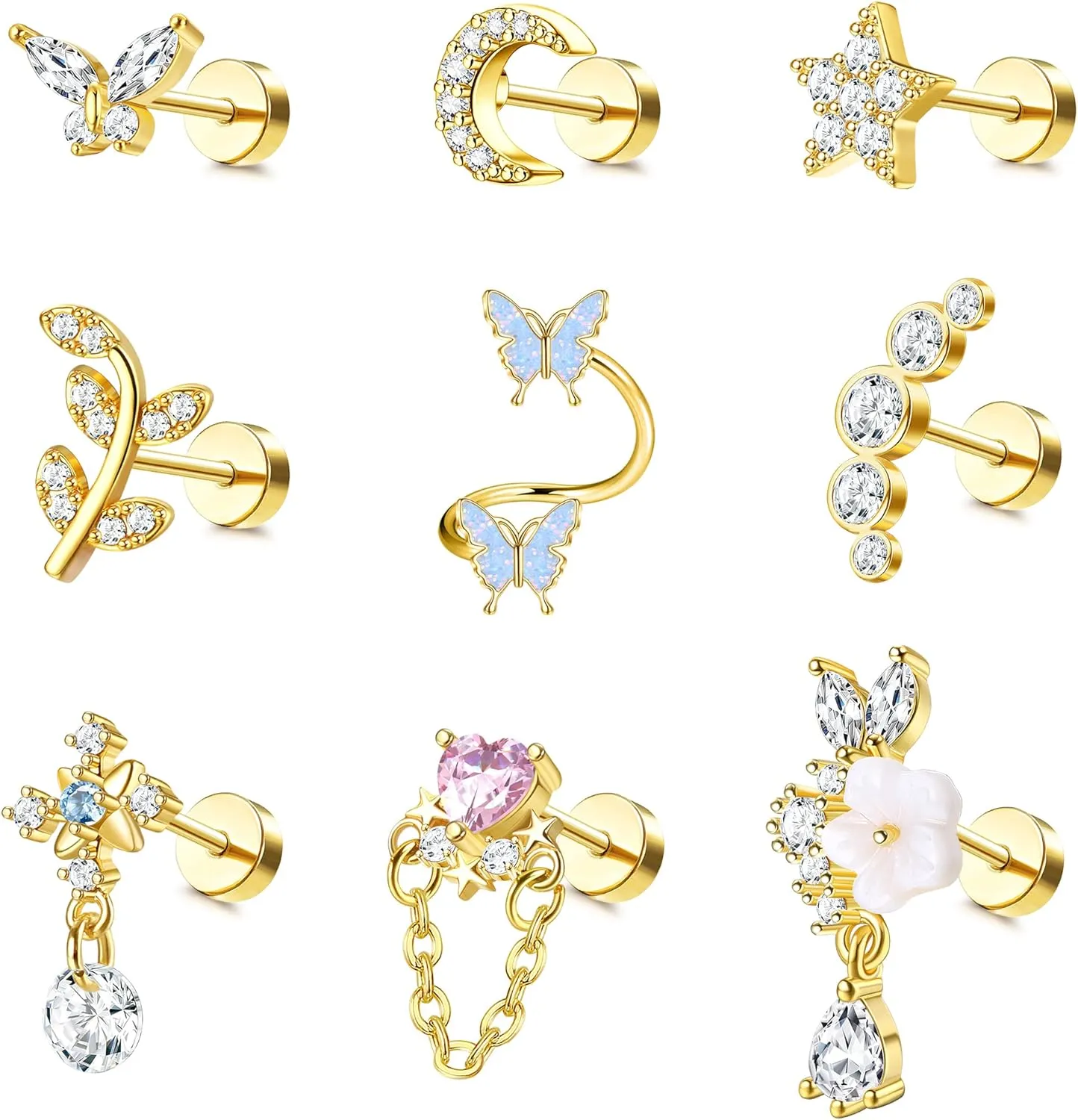 LOLIAS 16 Gauge Cartilage Earrings Helix Earrings for Women Stainless Steel Helix Piercing Jewelry Leaf Butterfly CZ Studs Flat Back Cartilage Earrings