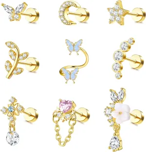 LOLIAS 16 Gauge Cartilage Earrings Helix Earrings for Women Stainless Steel Helix Piercing Jewelry Leaf Butterfly CZ Studs Flat Back Cartilage Earrings