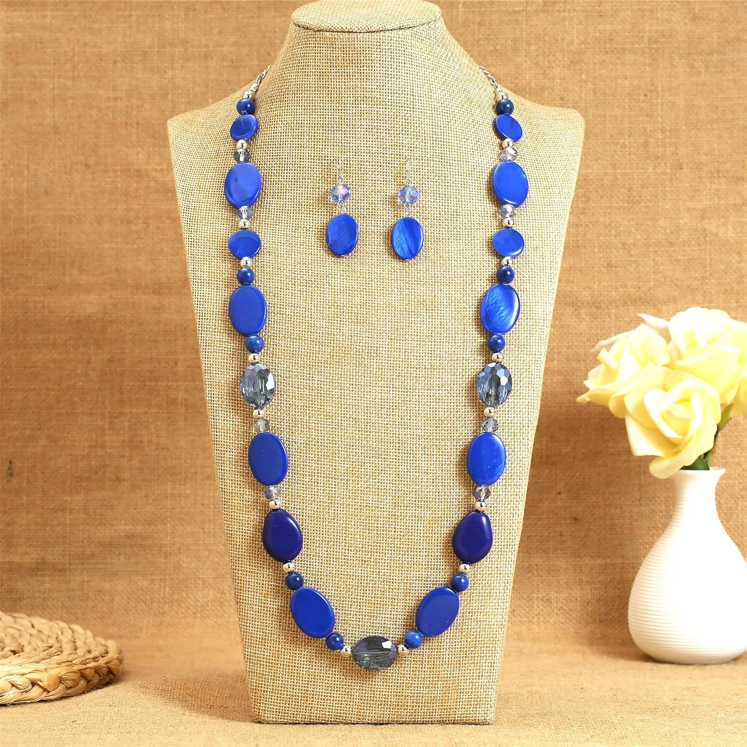 Long Beads Necklaces for Women Glass Crystal Beads Sweater Chain Statement Necklaces with Colorful Beads Fashion Jewelry Necklace and Earrings Set