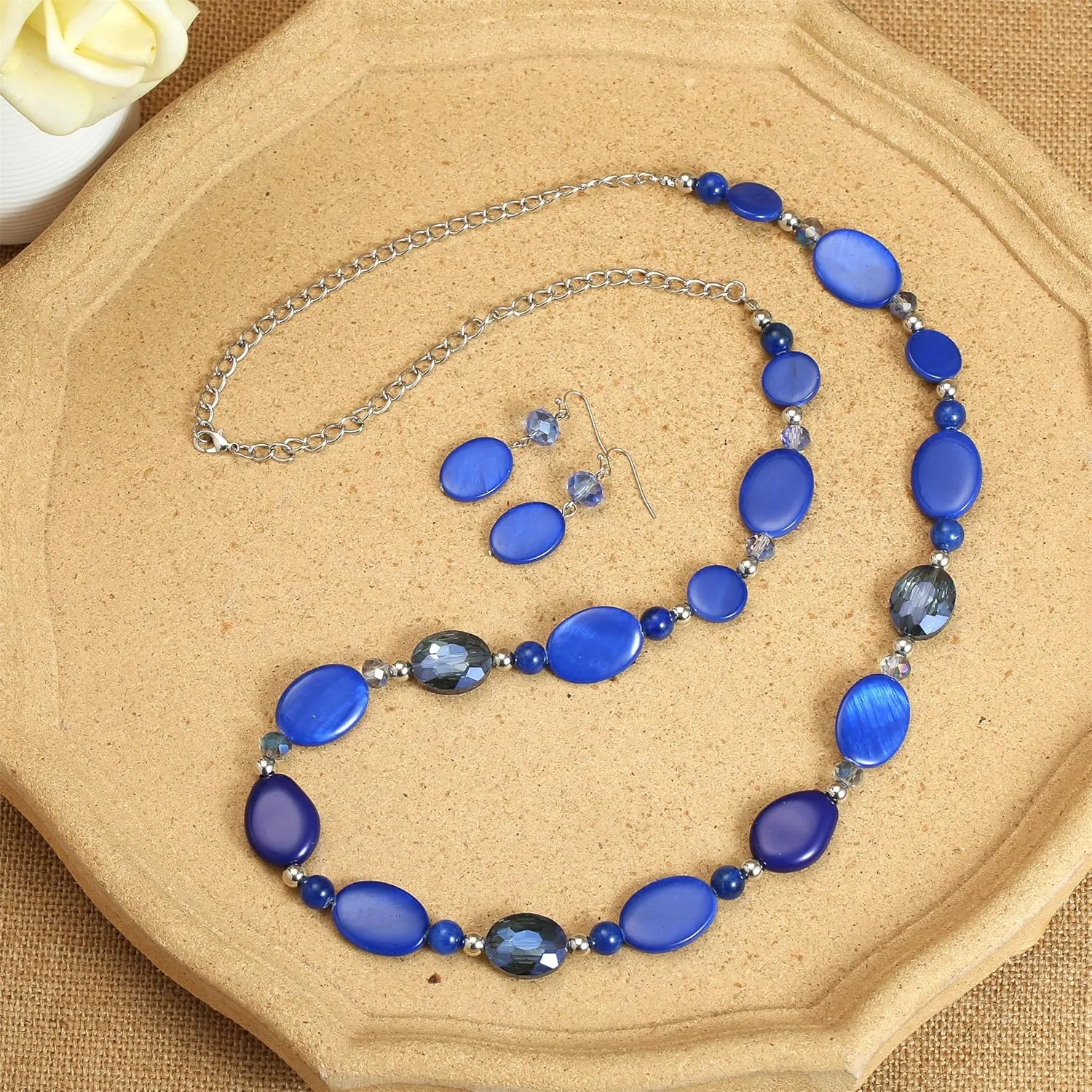 Long Beads Necklaces for Women Glass Crystal Beads Sweater Chain Statement Necklaces with Colorful Beads Fashion Jewelry Necklace and Earrings Set