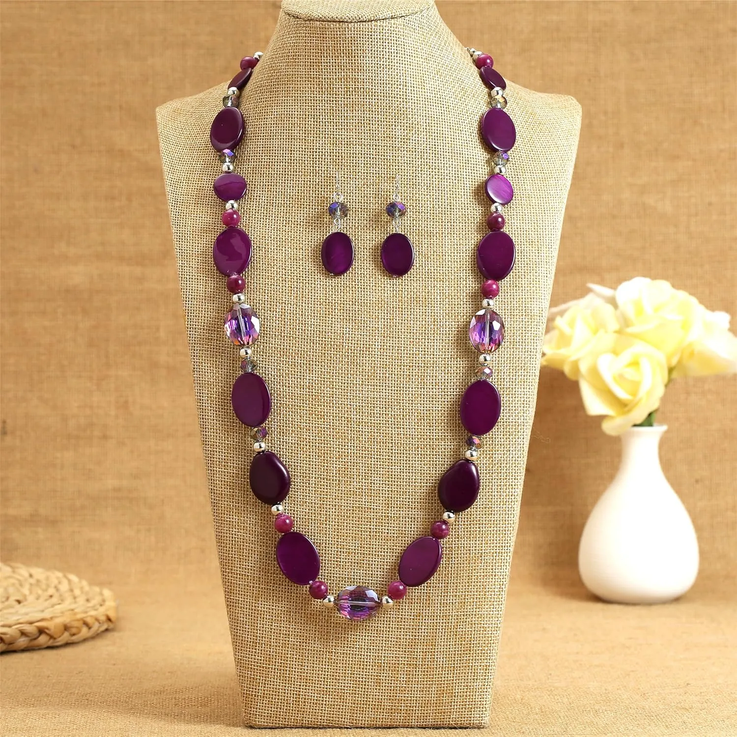 Long Beads Necklaces for Women Glass Crystal Beads Sweater Chain Statement Necklaces with Colorful Beads Fashion Jewelry Necklace and Earrings Set