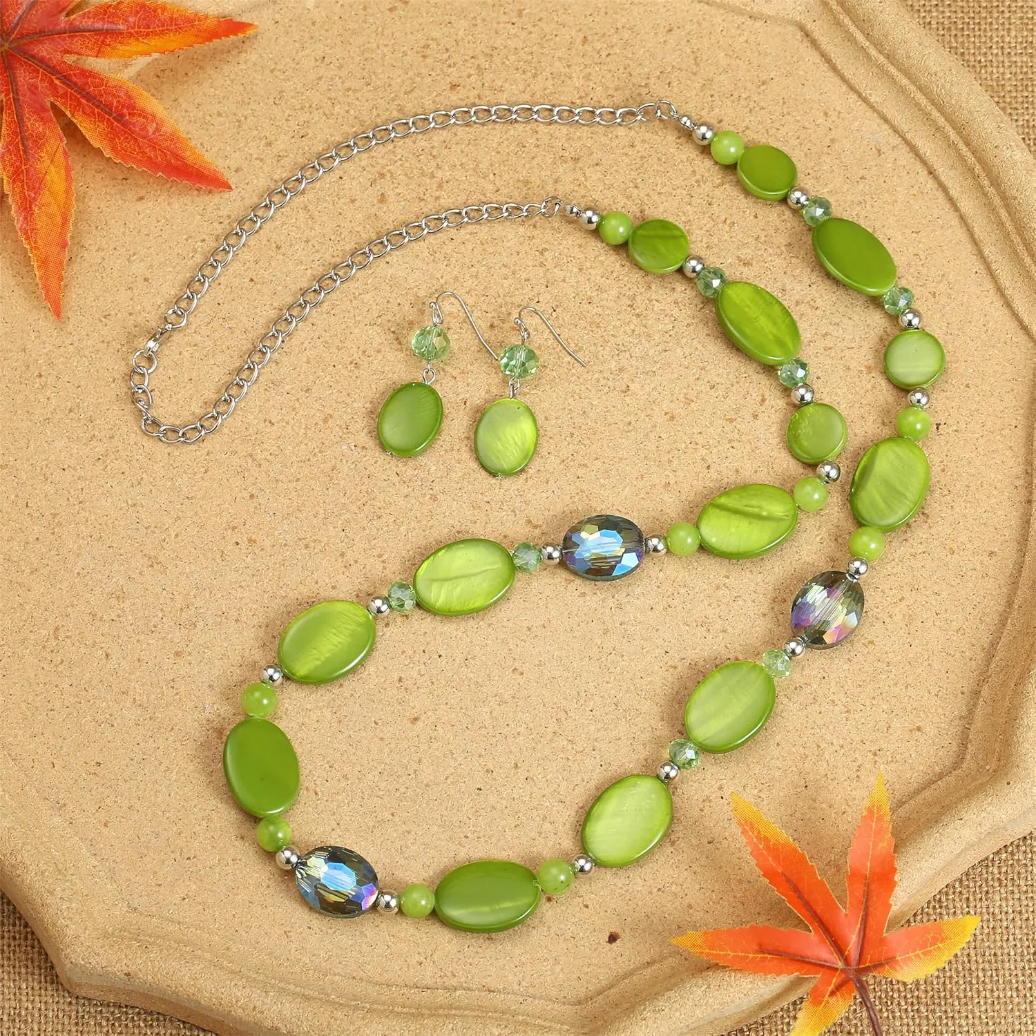 Long Beads Necklaces for Women Glass Crystal Beads Sweater Chain Statement Necklaces with Colorful Beads Fashion Jewelry Necklace and Earrings Set