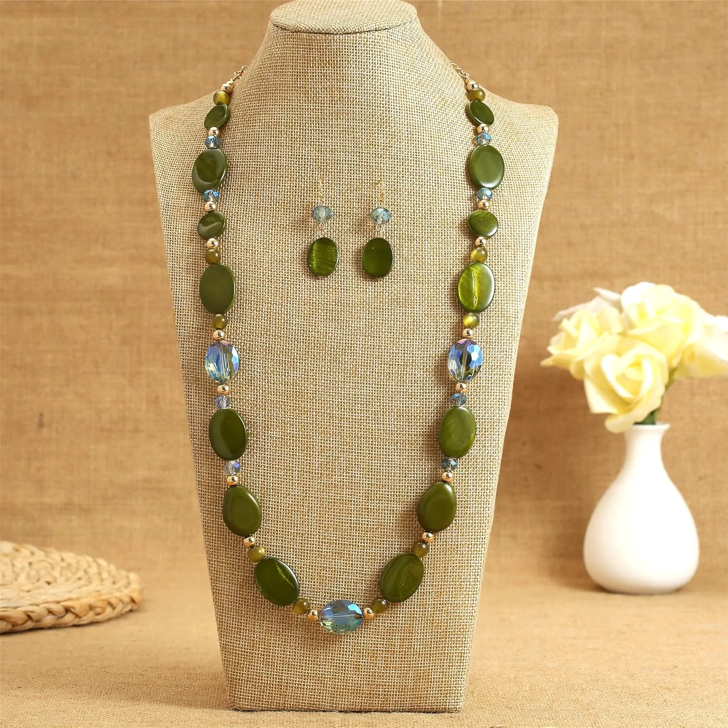 Long Beads Necklaces for Women Glass Crystal Beads Sweater Chain Statement Necklaces with Colorful Beads Fashion Jewelry Necklace and Earrings Set