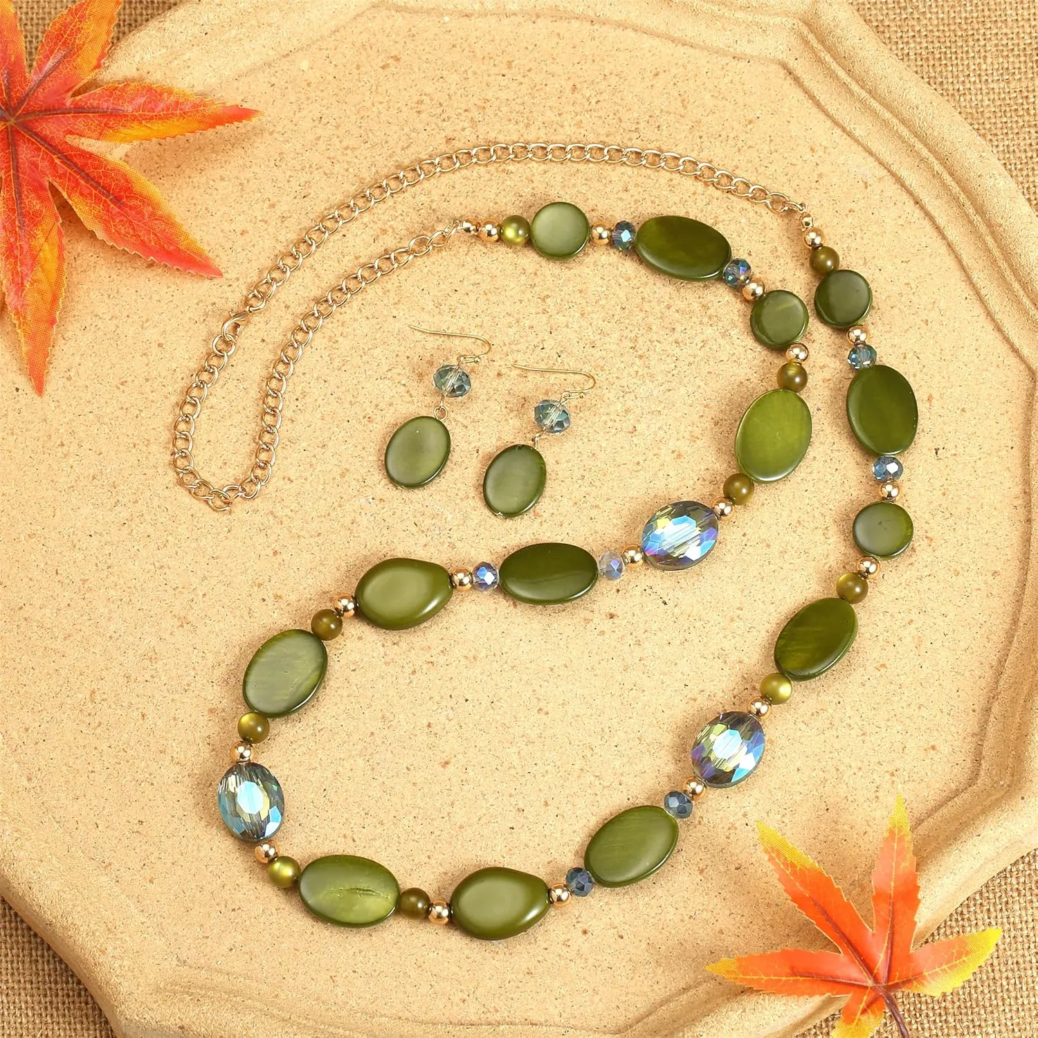 Long Beads Necklaces for Women Glass Crystal Beads Sweater Chain Statement Necklaces with Colorful Beads Fashion Jewelry Necklace and Earrings Set