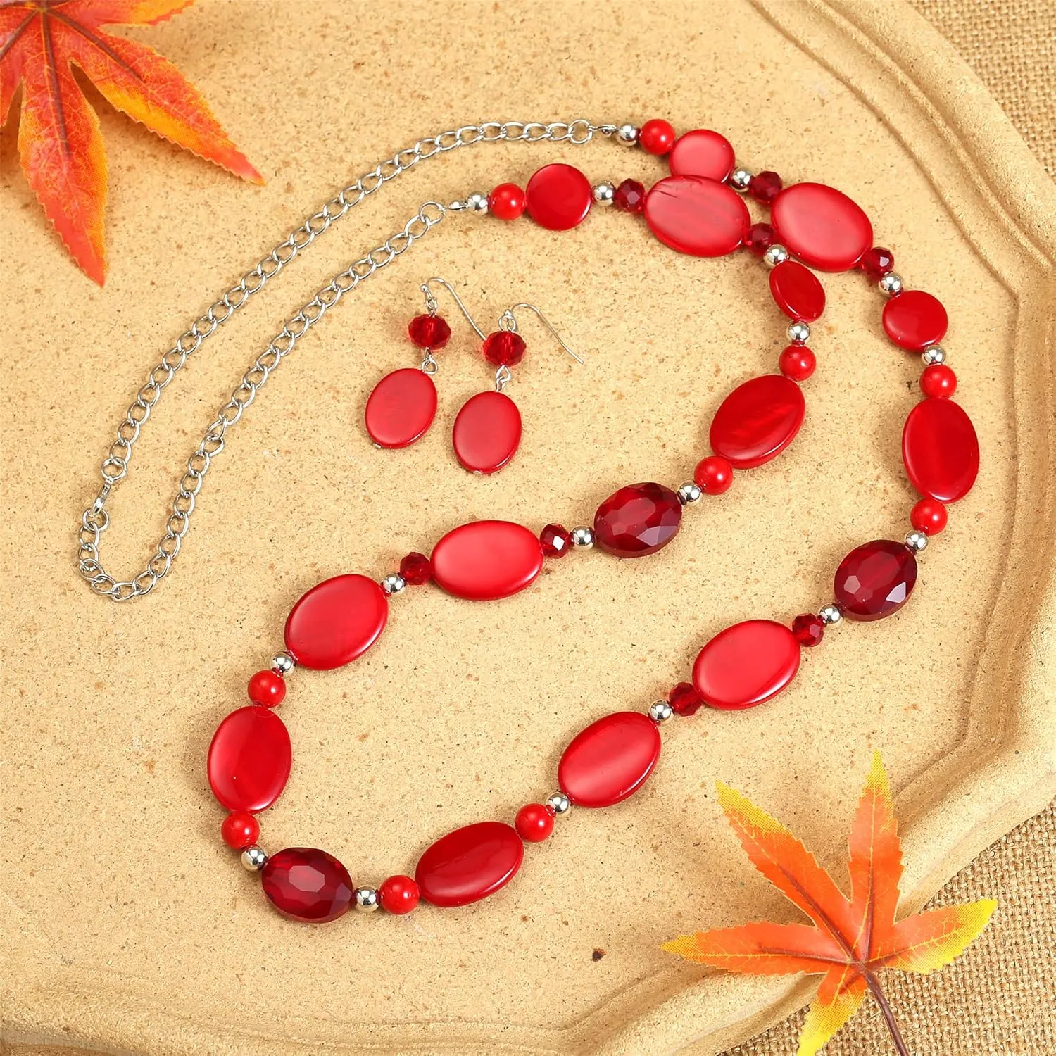 Long Beads Necklaces for Women Glass Crystal Beads Sweater Chain Statement Necklaces with Colorful Beads Fashion Jewelry Necklace and Earrings Set