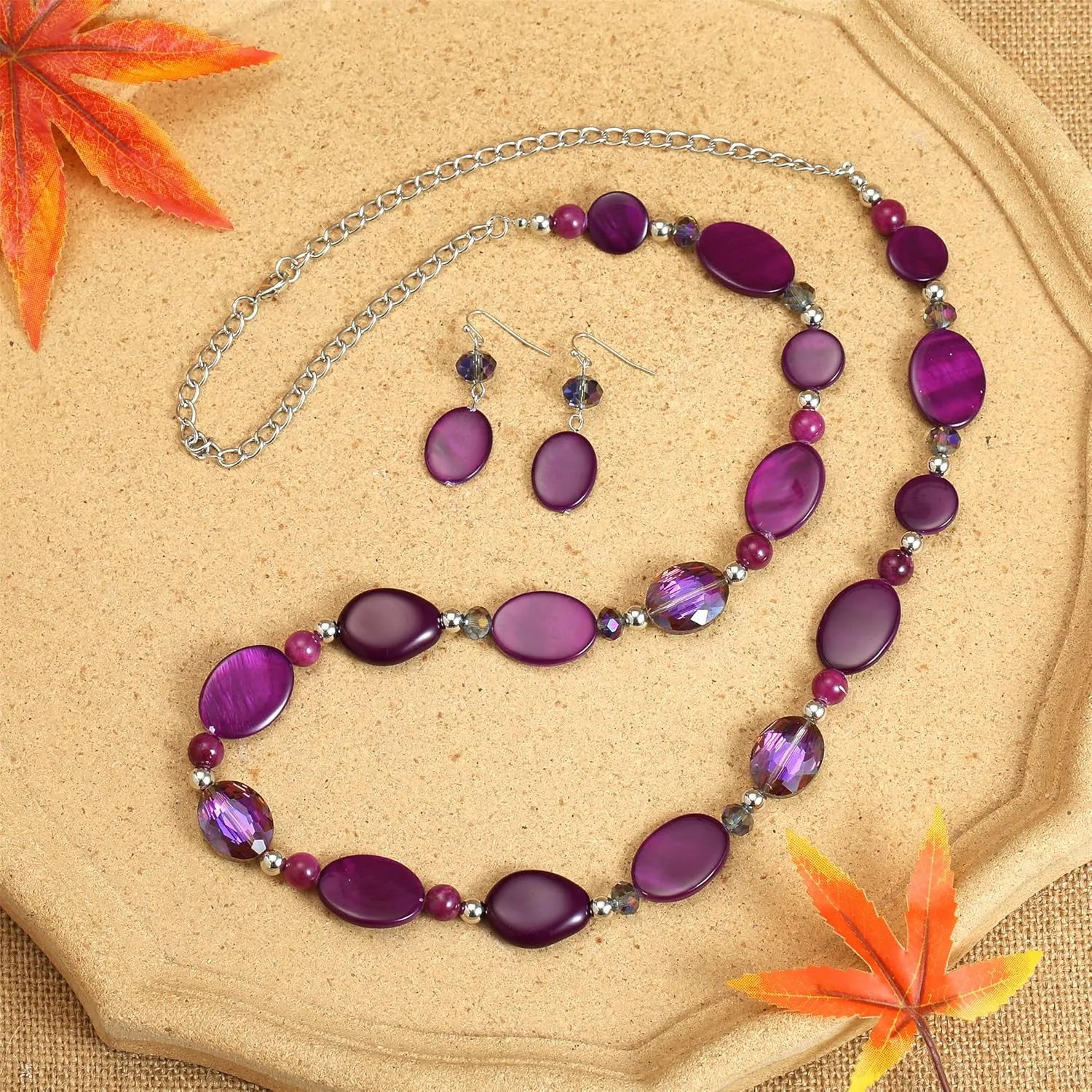 Long Beads Necklaces for Women Glass Crystal Beads Sweater Chain Statement Necklaces with Colorful Beads Fashion Jewelry Necklace and Earrings Set
