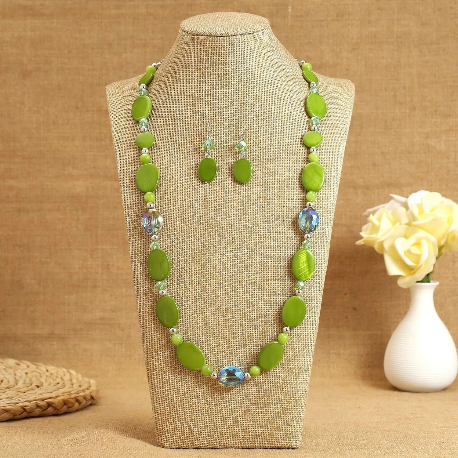 Long Beads Necklaces for Women Glass Crystal Beads Sweater Chain Statement Necklaces with Colorful Beads Fashion Jewelry Necklace and Earrings Set