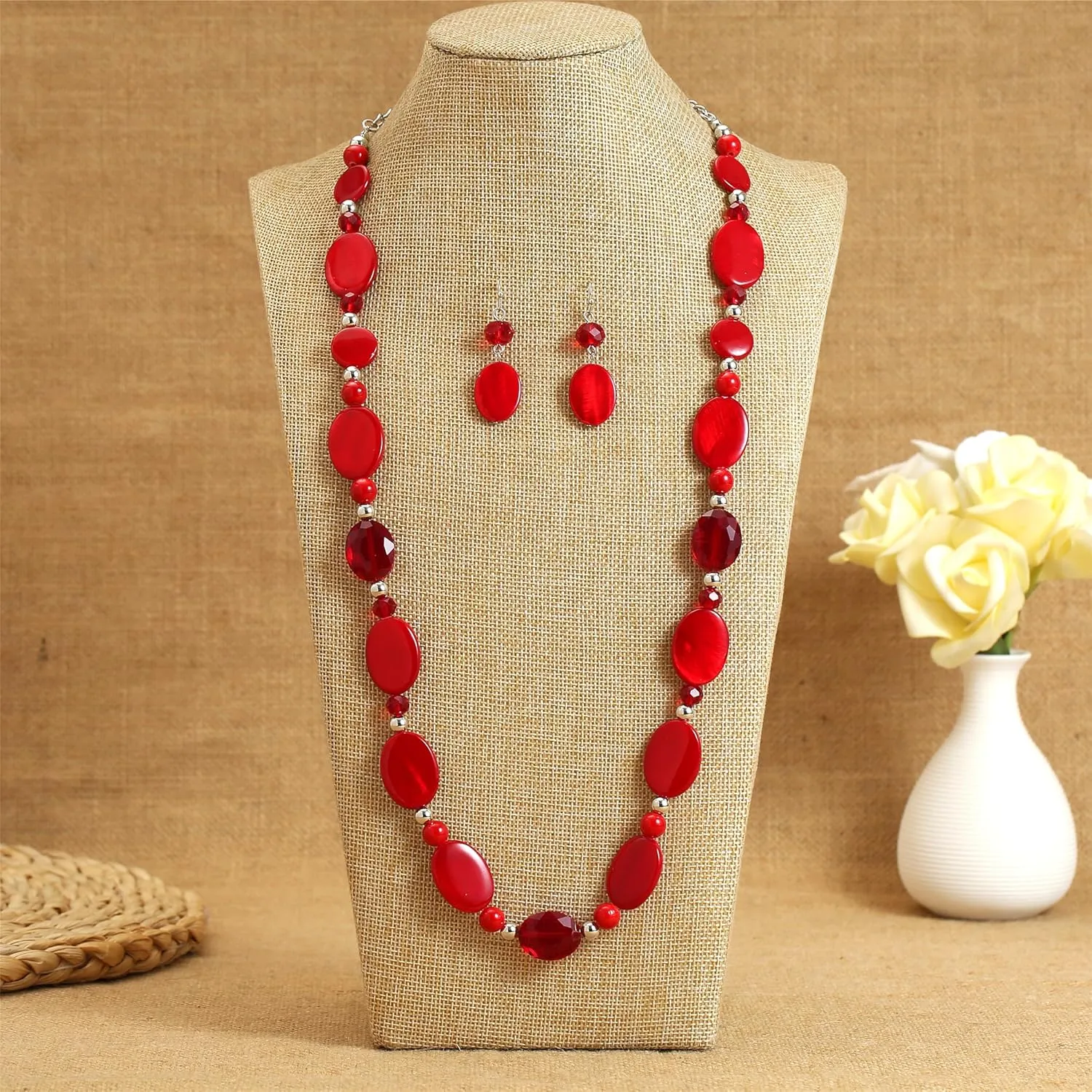 Long Beads Necklaces for Women Glass Crystal Beads Sweater Chain Statement Necklaces with Colorful Beads Fashion Jewelry Necklace and Earrings Set