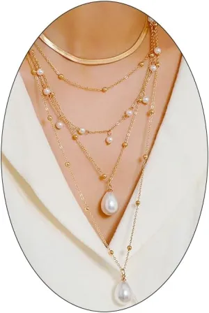 Long Gold Layered Pearl Pendant Necklace for Women, Chunky Boho Multistrand Pearls Beaded Choker Necklaces Stackable Snake Chain Statement Necklaces