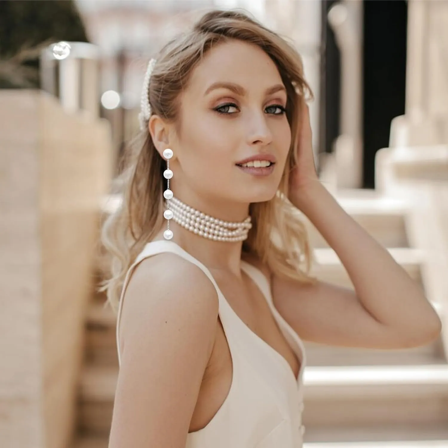 Long Pearl Drop Earrings for Women Silver Gold Plated Pearl Drop Dangle Earrings Long Tassel Dangle Earrings for Wedding Bridal Jewelry Gifts Silver