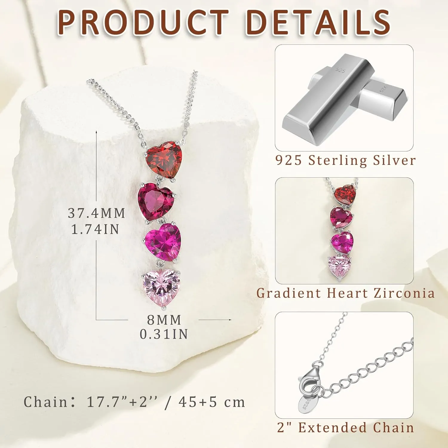 Lovans Heart Necklaces for Women 925 Sterling Silver Y Necklaces with Four Heart Shaped Cubic Zirconia Drop Pendant for Women