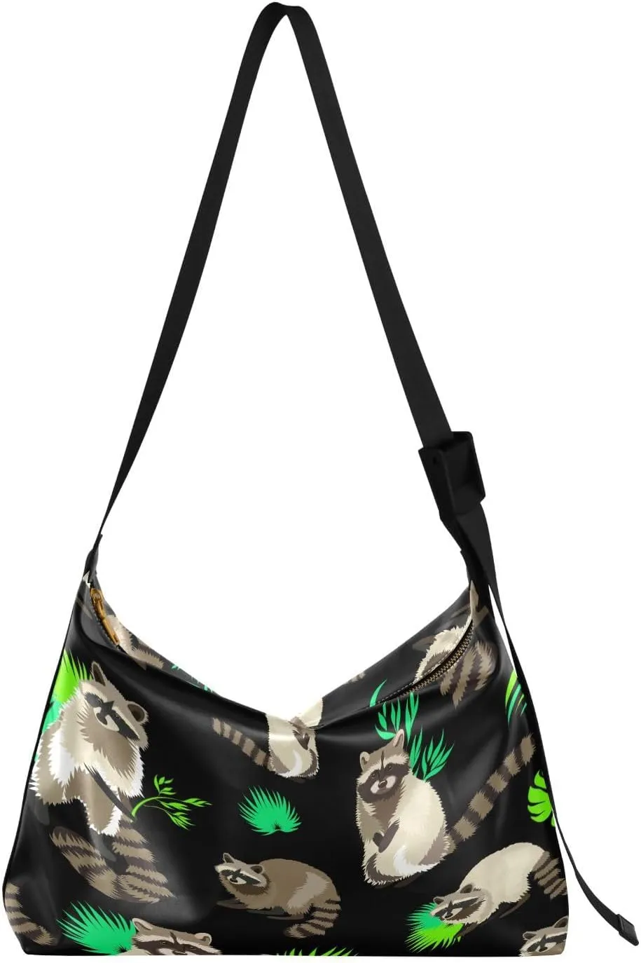 Lovely Raccoons Hobo Crossbody Bags for Women Leather Large Shoulder Bag Cross Body Leaf Black Trendy Womens Tote Bags Handbag for Travel Shopping