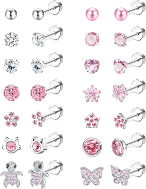 LOYALLOOK 14Pairs Hypoallergenic Screwback Earrings for Women Girls Tiny CZ Pearl Ball Heart Flower Screw Back Earring Studs 316L Stainless Steel Stud Earrings Flatback 20G Over 3 Years Old