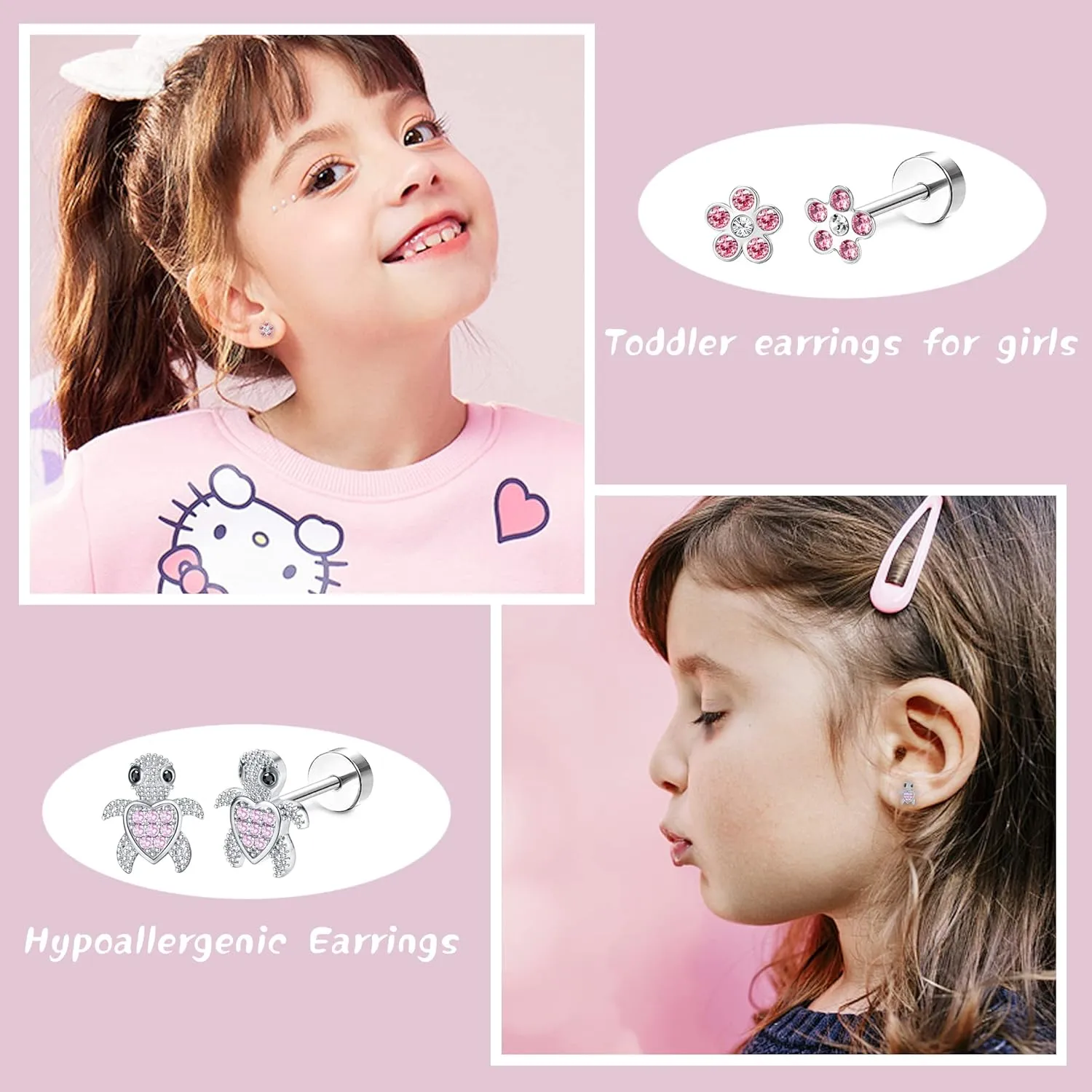 LOYALLOOK 14Pairs Hypoallergenic Screwback Earrings for Women Girls Tiny CZ Pearl Ball Heart Flower Screw Back Earring Studs 316L Stainless Steel Stud Earrings Flatback 20G Over 3 Years Old