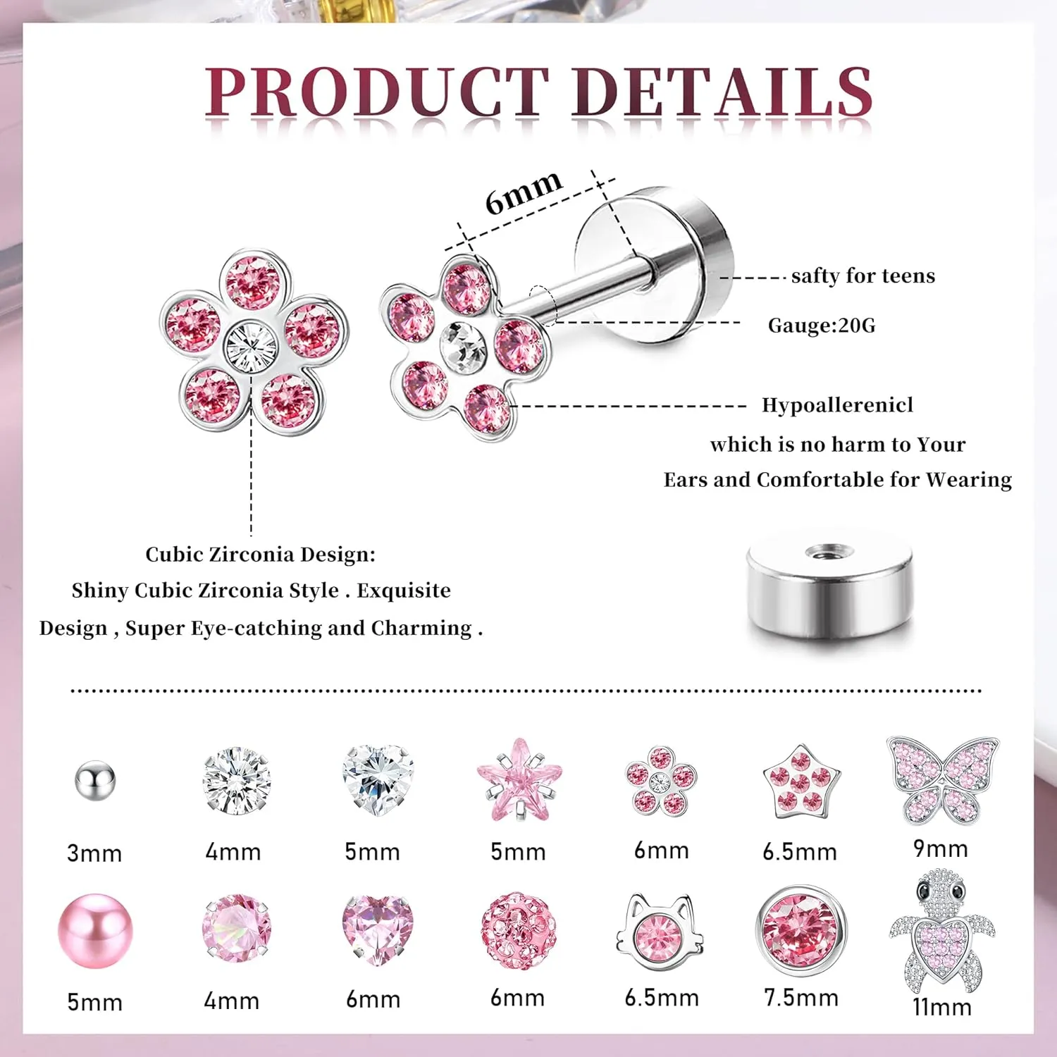 LOYALLOOK 14Pairs Hypoallergenic Screwback Earrings for Women Girls Tiny CZ Pearl Ball Heart Flower Screw Back Earring Studs 316L Stainless Steel Stud Earrings Flatback 20G Over 3 Years Old