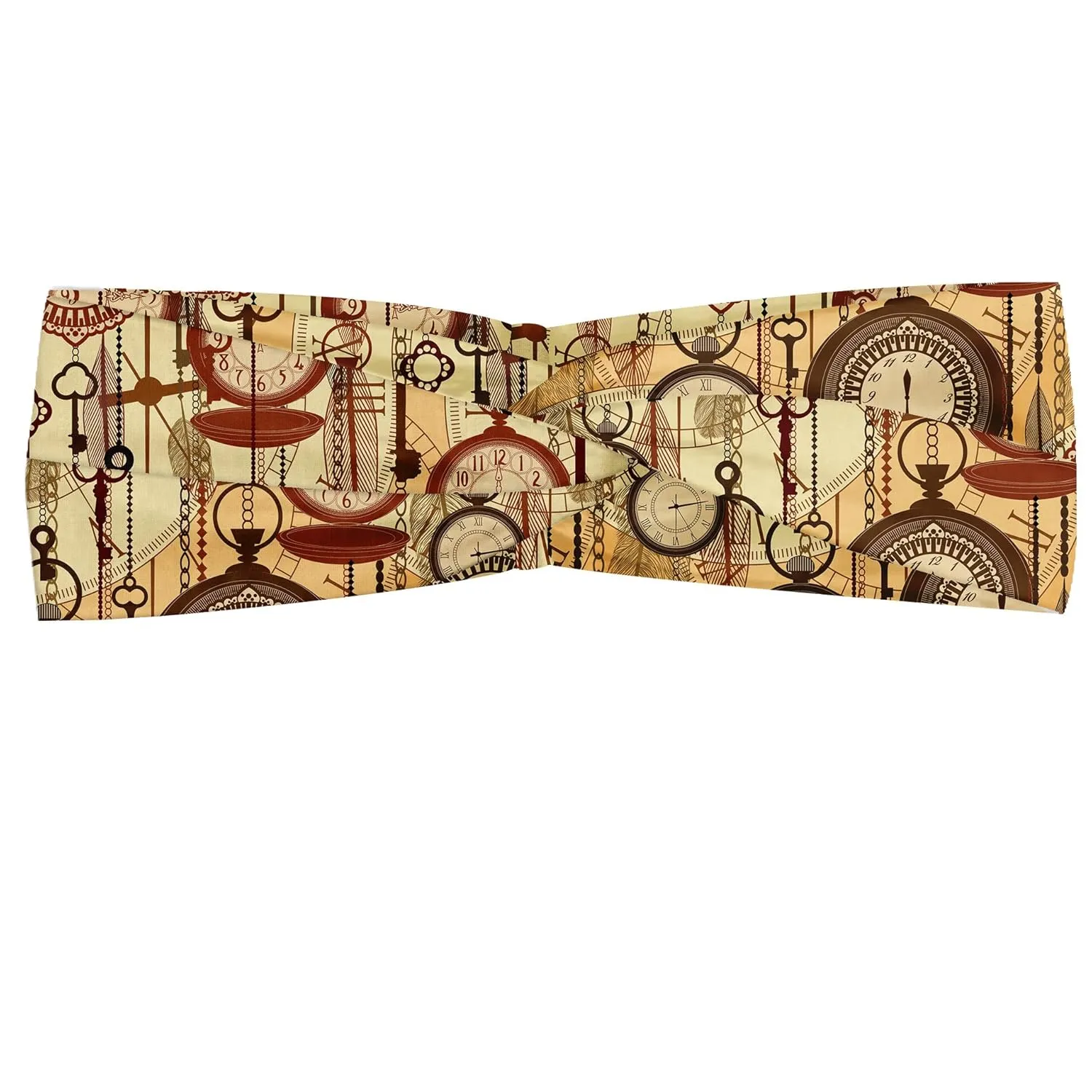 Lunarable Beige Headband for Women, Retro Style Old Nostalgic Watches Feathers and Keys 1920s Modern Bohemian Art, Elastic Comfy Hair Accessory Knotted Head Wrap Everyday Use, M-L, Brown Red Yellow