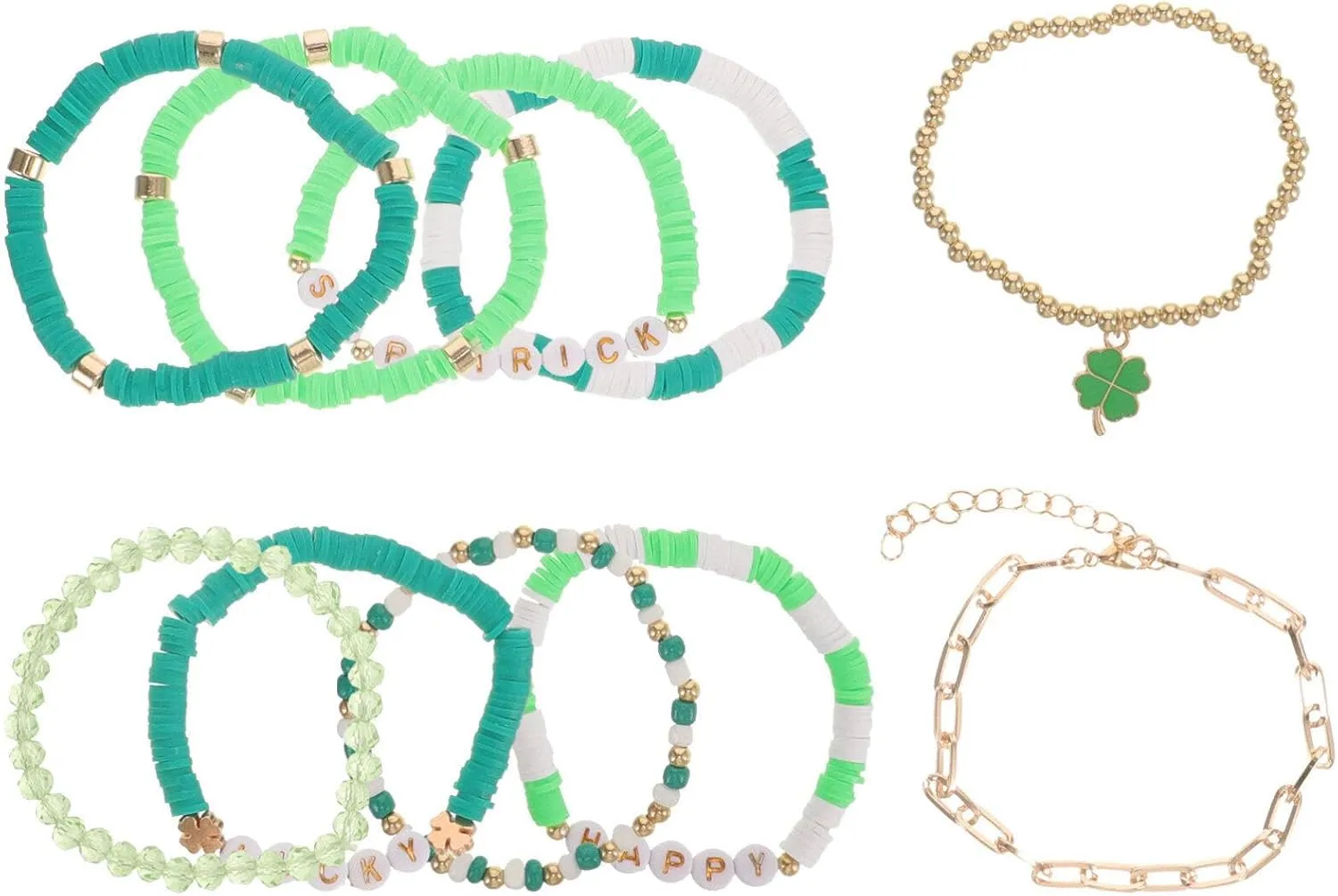Luxshiny 10pcs St.patricks Day Bracelets Lucky Irish Shamrock Beads Stretch Bracelets Couples Friendship Matching Bracelets For Couples Jewelry