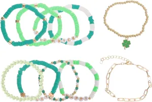 Luxshiny 10pcs St.patricks Day Bracelets Lucky Irish Shamrock Beads Stretch Bracelets Couples Friendship Matching Bracelets For Couples Jewelry