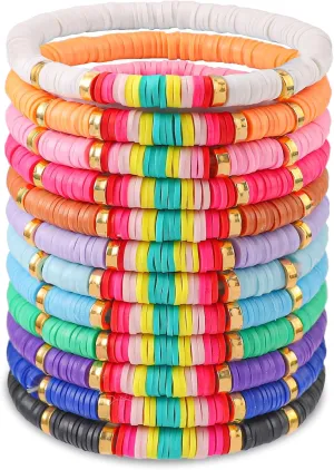 LUYI 12 Pcs 4 Style Preppy Jewelry Bracelets Set Friendship Beaded Bracelets for Women Colorful Stackable Surfer Heishi Clay Bead Bracelets Bohemian Y2K Summer Beach Bracelets