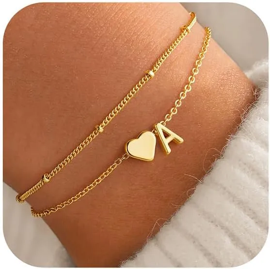 M MOOHAM Initial Heart Gold Bracelets for Women - Layered Dainty Gold Heart Letter A-Z Charm Bracelets for Women, Chain Link Charm Bracelets Beaded Bracelets Birthday Gifts Womens Jewelry