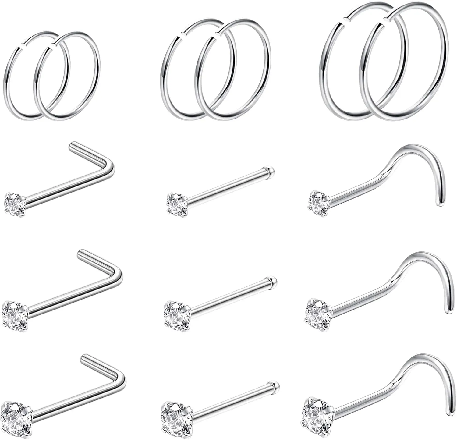 Magitaco 15Pcs 20G Surgical Steel Nose Rings Hoop Nose Ring Studs L Shape Screw Nose Studs Nose Piercing Nose Pins Nose Rings for Women Men