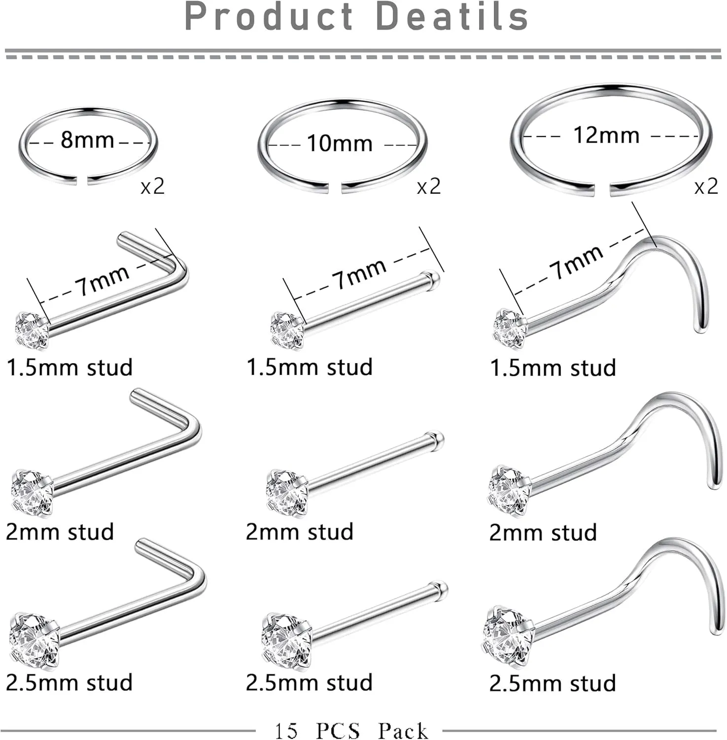 Magitaco 15Pcs 20G Surgical Steel Nose Rings Hoop Nose Ring Studs L Shape Screw Nose Studs Nose Piercing Nose Pins Nose Rings for Women Men