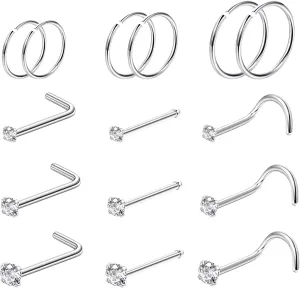 Magitaco 15Pcs 20G Surgical Steel Nose Rings Hoop Nose Ring Studs L Shape Screw Nose Studs Nose Piercing Nose Pins Nose Rings for Women Men