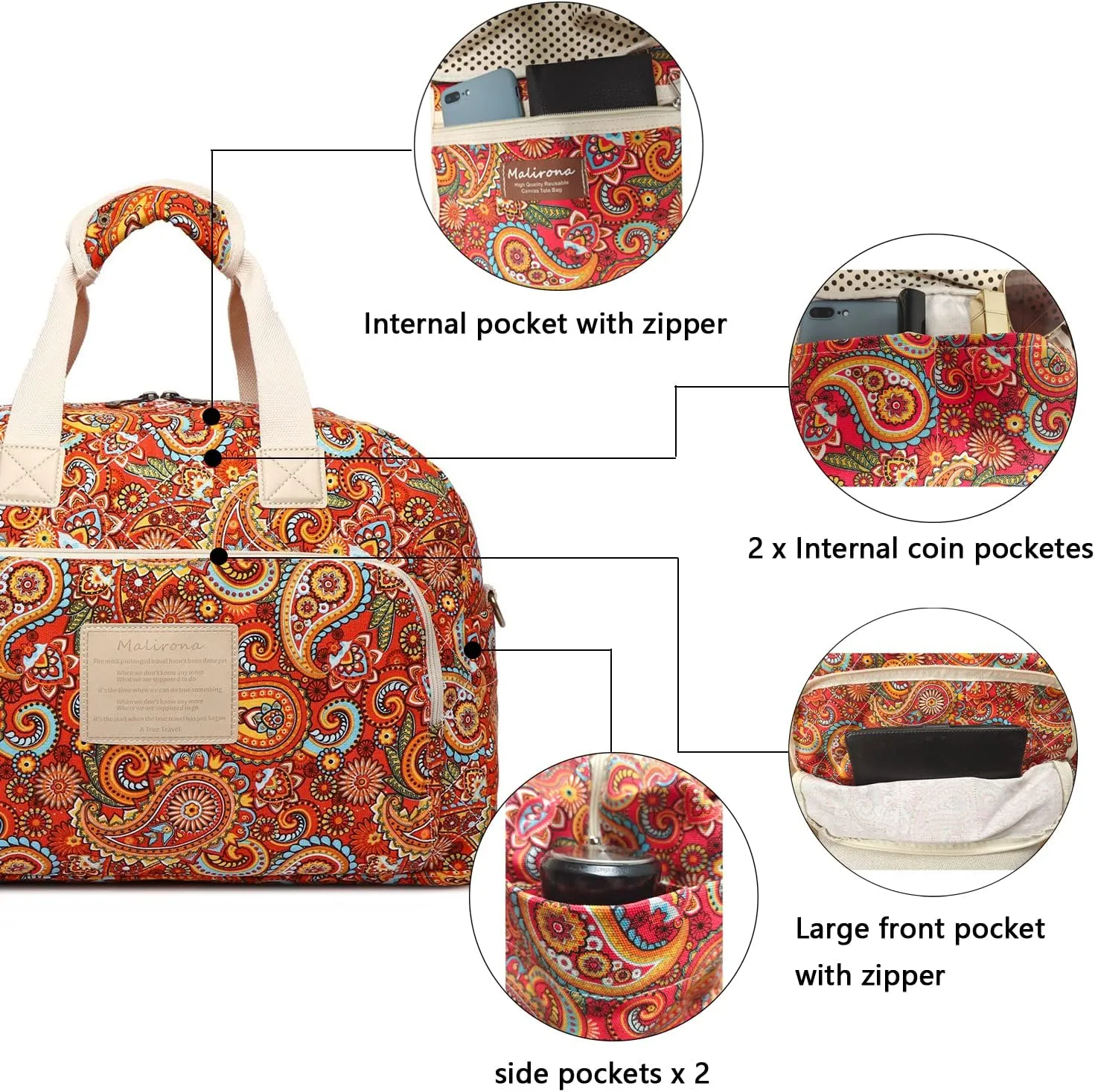 Malirona Canvas Overnight Bag Women Weekender Bag Carry On Travel Duffel Bag Floral