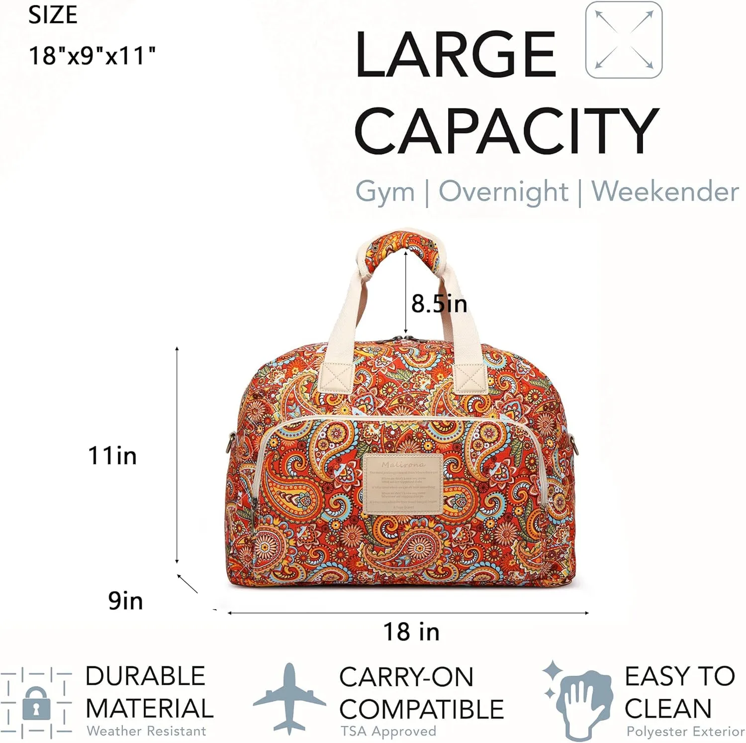 Malirona Canvas Overnight Bag Women Weekender Bag Carry On Travel Duffel Bag Floral