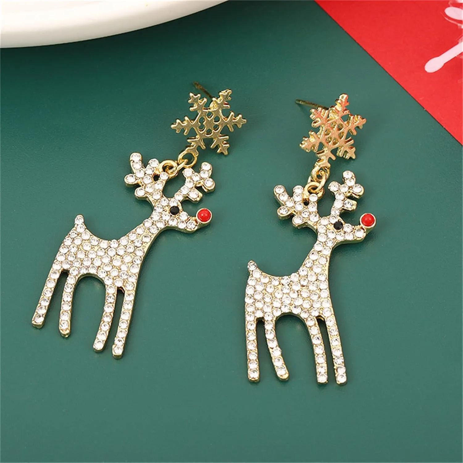 MALOYANVE Crystal Christmas Earrings Elegant Handmade Sparkly Maple Leaf Red Green Tree Reindeer Star Glitter Stud Earrings Festival Holiday Jewelry for Women Ladies
