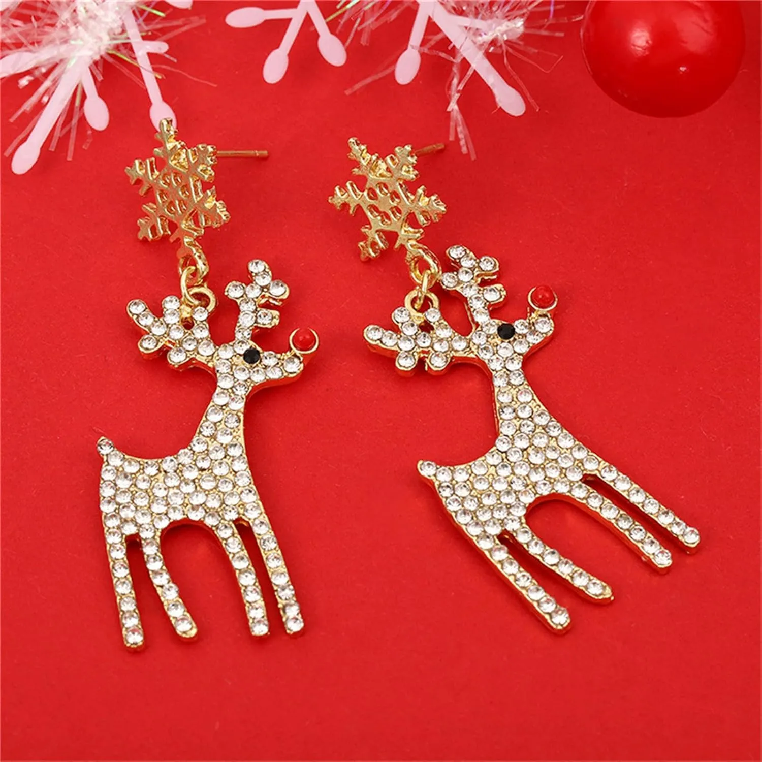MALOYANVE Crystal Christmas Earrings Elegant Handmade Sparkly Maple Leaf Red Green Tree Reindeer Star Glitter Stud Earrings Festival Holiday Jewelry for Women Ladies