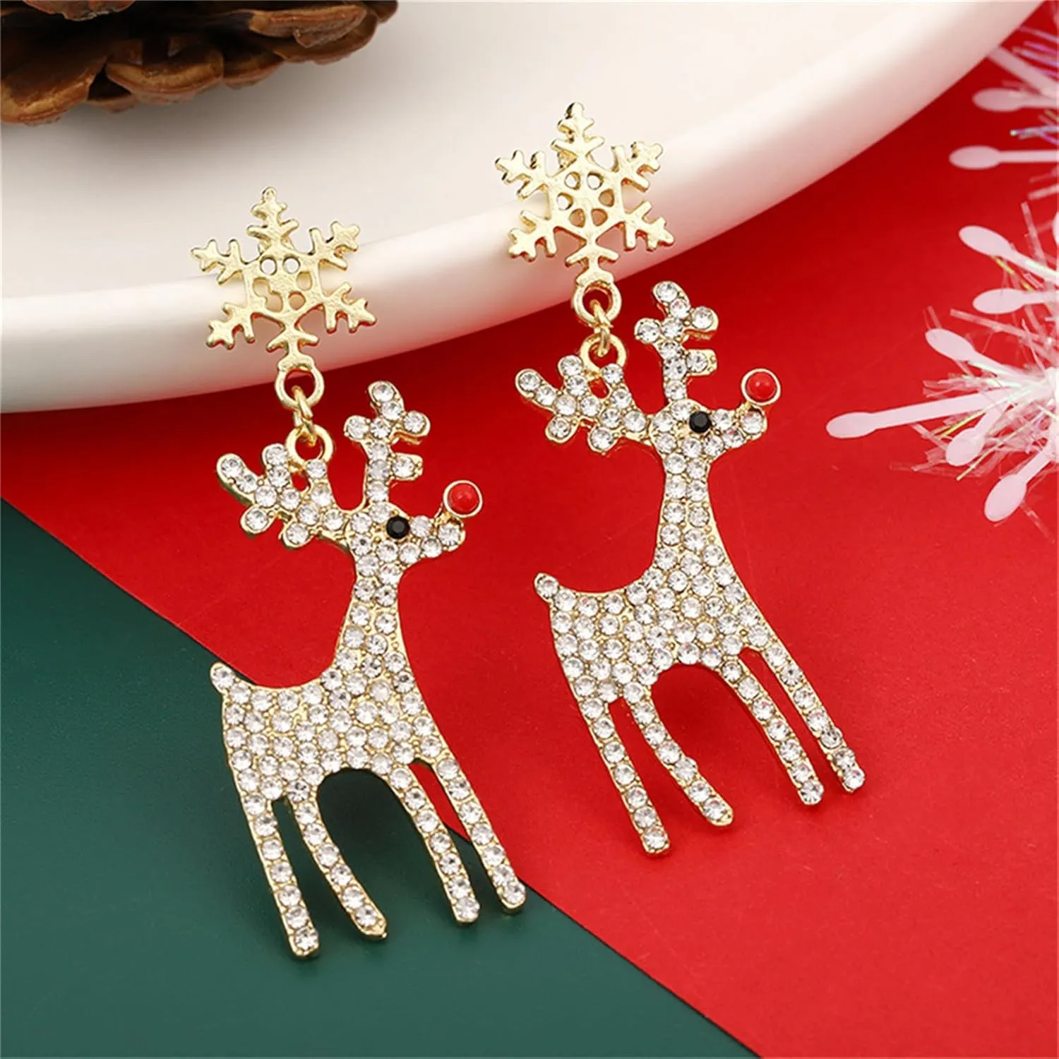 MALOYANVE Crystal Christmas Earrings Elegant Handmade Sparkly Maple Leaf Red Green Tree Reindeer Star Glitter Stud Earrings Festival Holiday Jewelry for Women Ladies