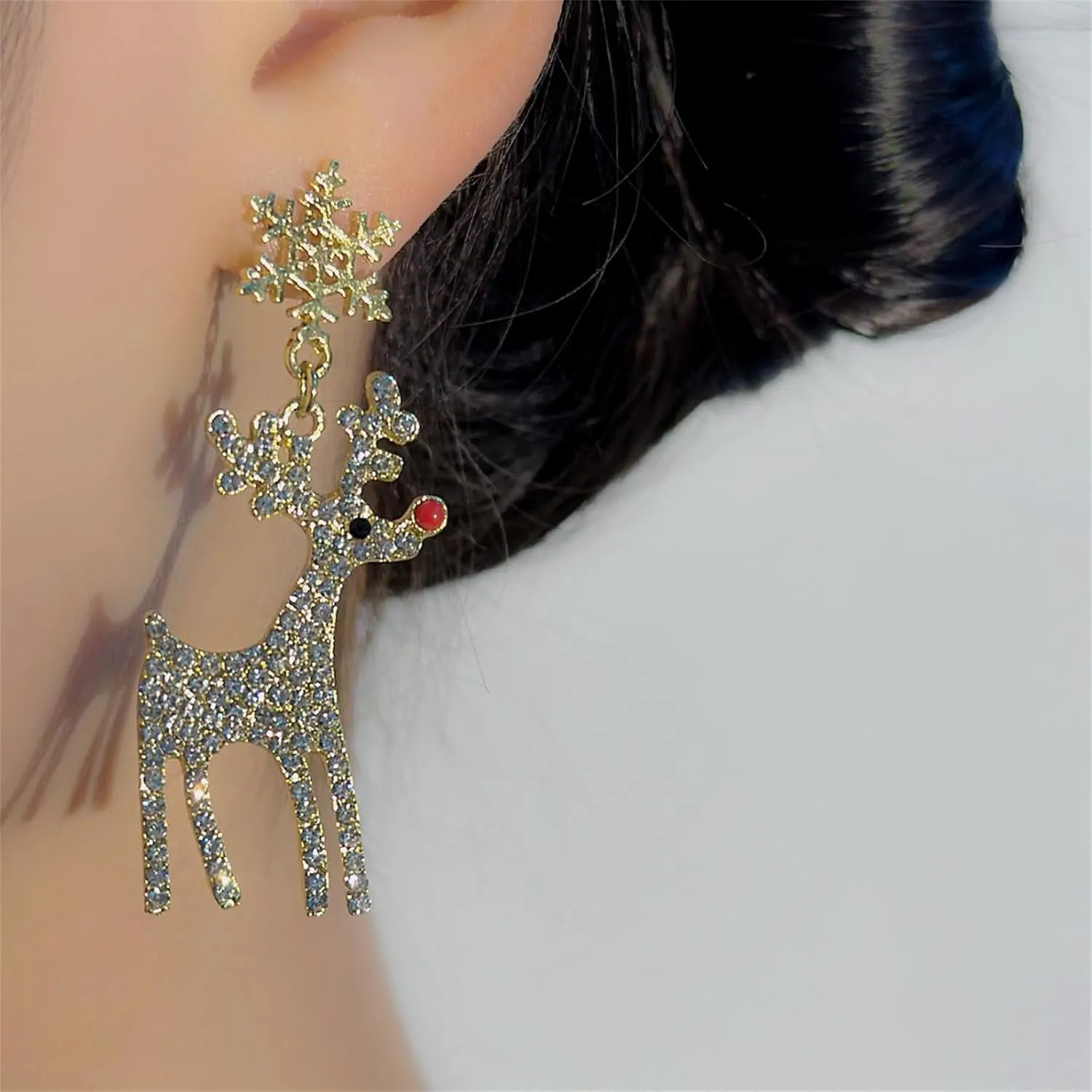 MALOYANVE Crystal Christmas Earrings Elegant Handmade Sparkly Maple Leaf Red Green Tree Reindeer Star Glitter Stud Earrings Festival Holiday Jewelry for Women Ladies