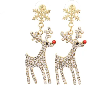 MALOYANVE Crystal Christmas Earrings Elegant Handmade Sparkly Maple Leaf Red Green Tree Reindeer Star Glitter Stud Earrings Festival Holiday Jewelry for Women Ladies