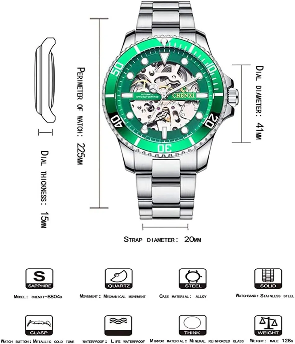 MASTOP Mens Watches Automatic Self-Winding Watch Luxury Stainless Steel Skeleton Waterproof Wrist Watches