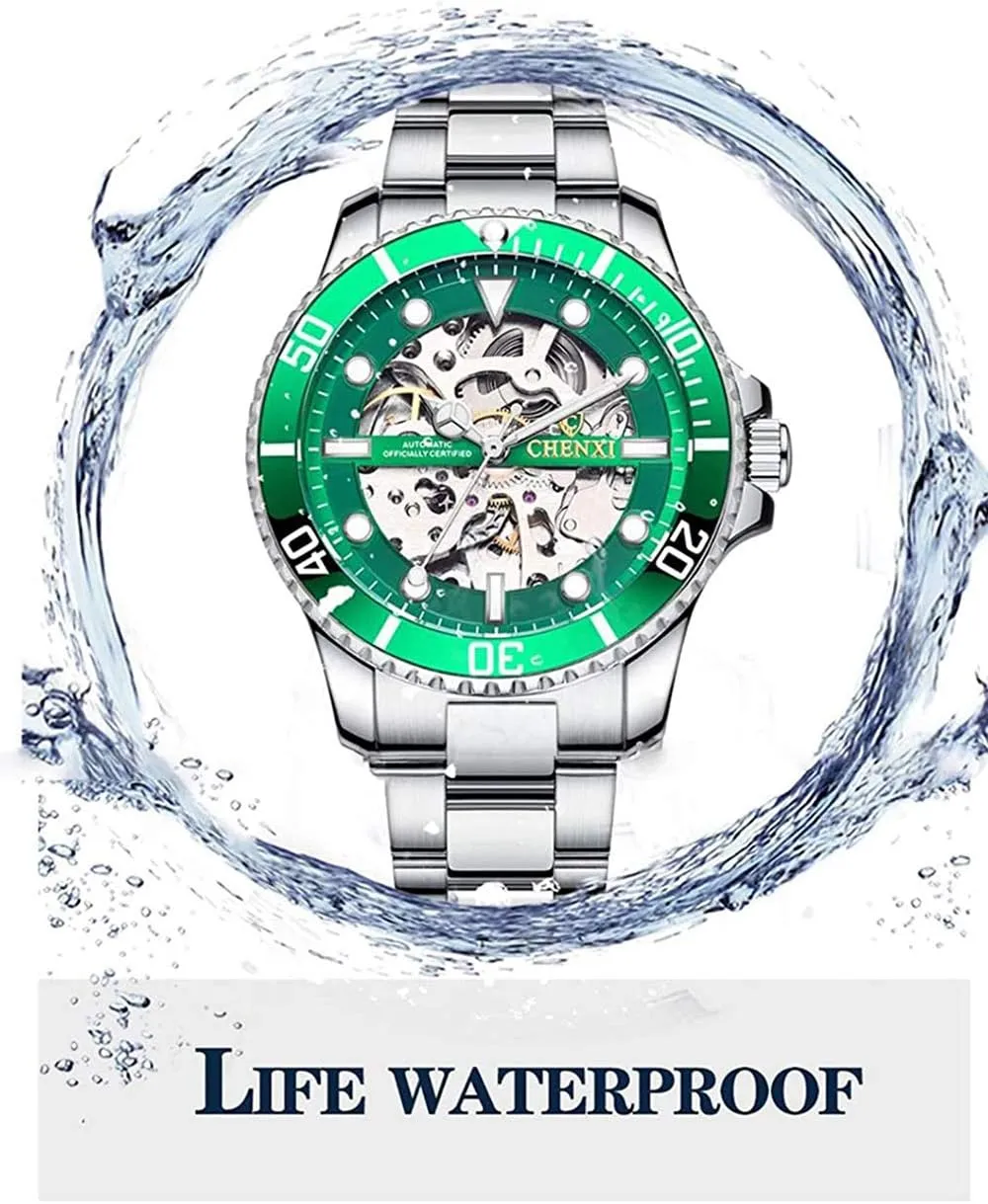 MASTOP Mens Watches Automatic Self-Winding Watch Luxury Stainless Steel Skeleton Waterproof Wrist Watches