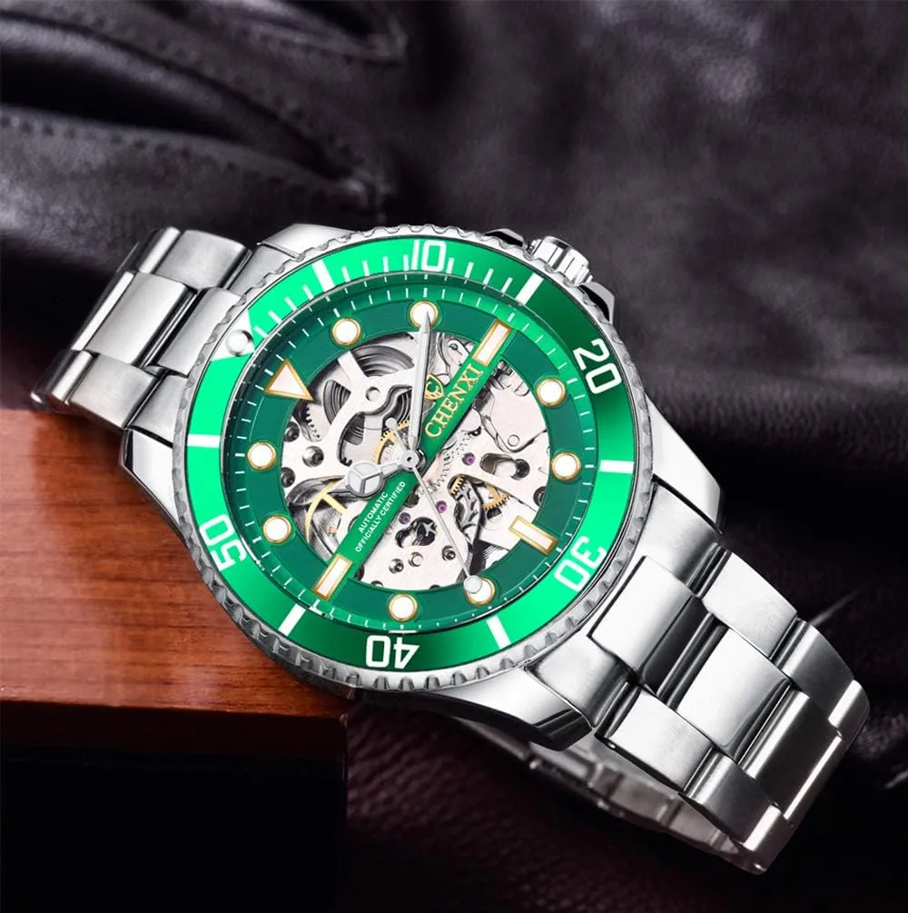 MASTOP Mens Watches Automatic Self-Winding Watch Luxury Stainless Steel Skeleton Waterproof Wrist Watches