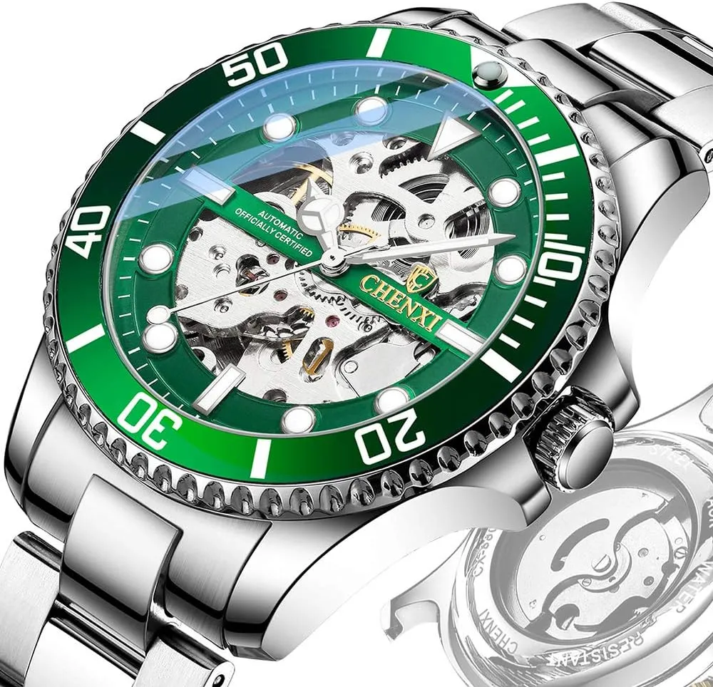 MASTOP Mens Watches Automatic Self-Winding Watch Luxury Stainless Steel Skeleton Waterproof Wrist Watches