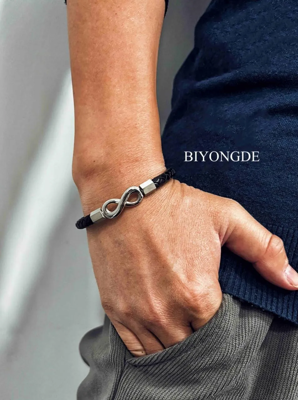 Mens Braided Black Leather Infinity Knot Bracelet, Stainless Steel Friendship and Forever Love Bracelet, Gift to Husband from Wife, Anniversary and Valentines Gift