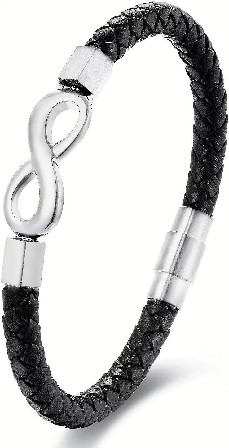 Mens Braided Black Leather Infinity Knot Bracelet, Stainless Steel Friendship and Forever Love Bracelet, Gift to Husband from Wife, Anniversary and Valentines Gift