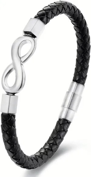Mens Braided Black Leather Infinity Knot Bracelet, Stainless Steel Friendship and Forever Love Bracelet, Gift to Husband from Wife, Anniversary and Valentines Gift