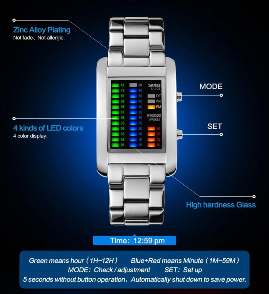 Men's Creative Binary Matrix Blue LED Digital Waterproof Watch Stainless Steel Military Silver Watches