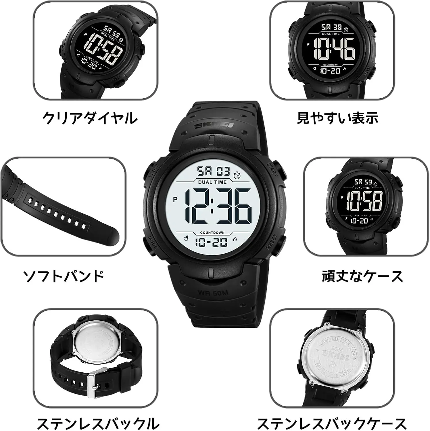 Mens Digital Watch Large Display Easy to Read Time Sports Watches Multifunction Stopwatch Timer Alarm Dual Time Date LED Light Wrist Watches for Men Women