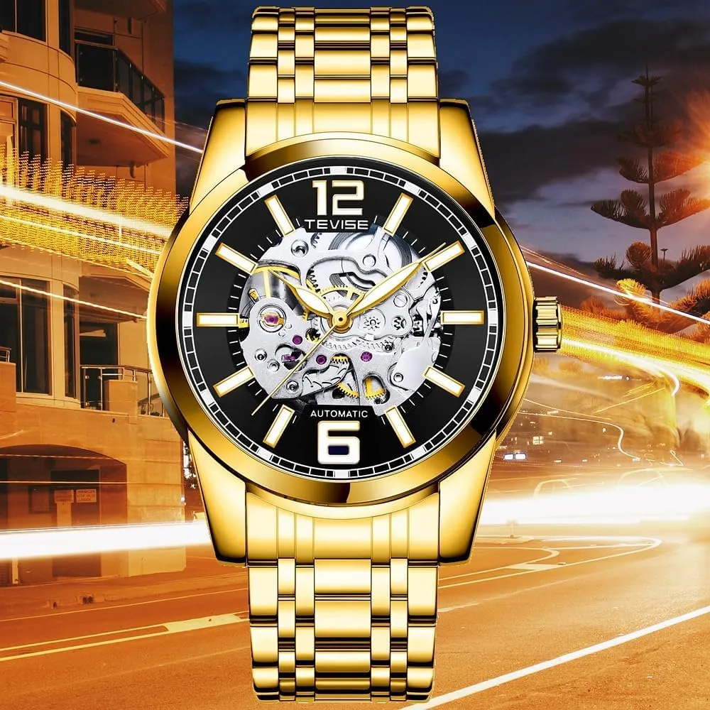 Men's Hollowed Out Automatic Mechanical Watch Business Style Circular Dial Stainless Steel Strap