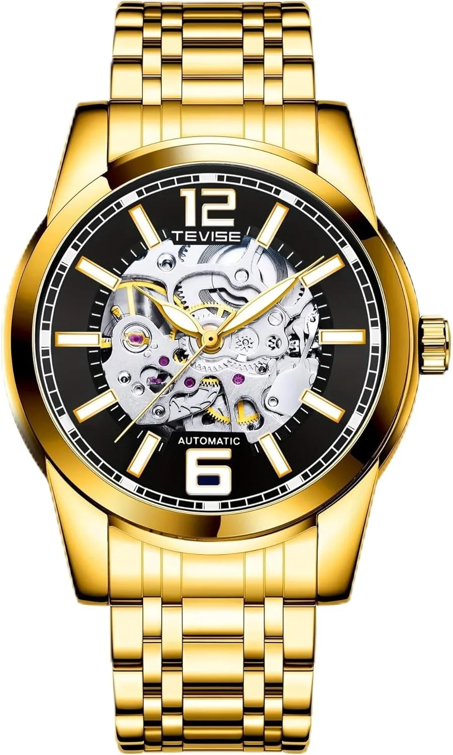 Men's Hollowed Out Automatic Mechanical Watch Business Style Circular Dial Stainless Steel Strap