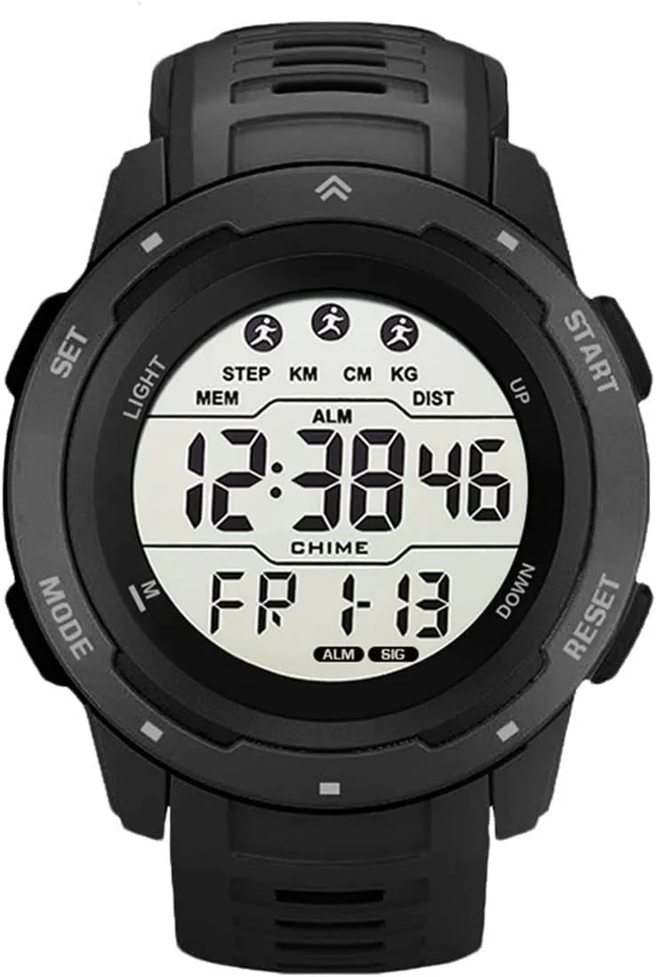 Men's Outdoor Sports Watch Large Dial Easy-to-Read Digital Watch Multi-Functions LED Alarm Stopwatch Waterproof Wrist Watch for Men Black
