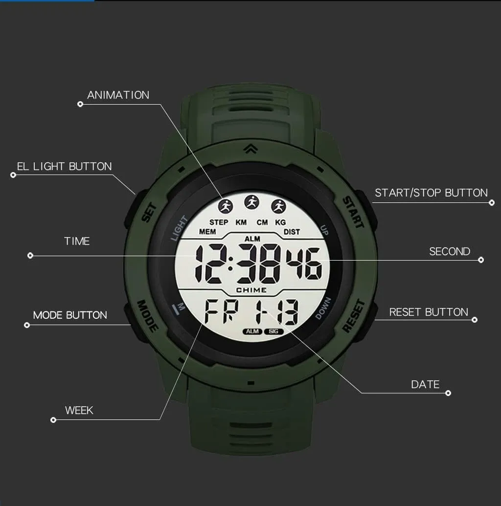 Men's Outdoor Sports Watch Large Dial Easy-to-Read Digital Watch Multi-Functions LED Alarm Stopwatch Waterproof Wrist Watch for Men Black